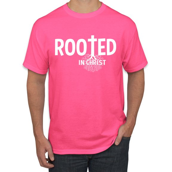 Wild Bobby Rooted in Christ Inspirational/Christian Men Graphic Tee, Neon Pink, Small