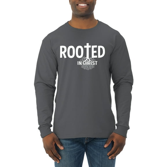 Wild Bobby Rooted in Christ Inspirational/Christian Men Long Sleeve Shirt, Charcoal, Large