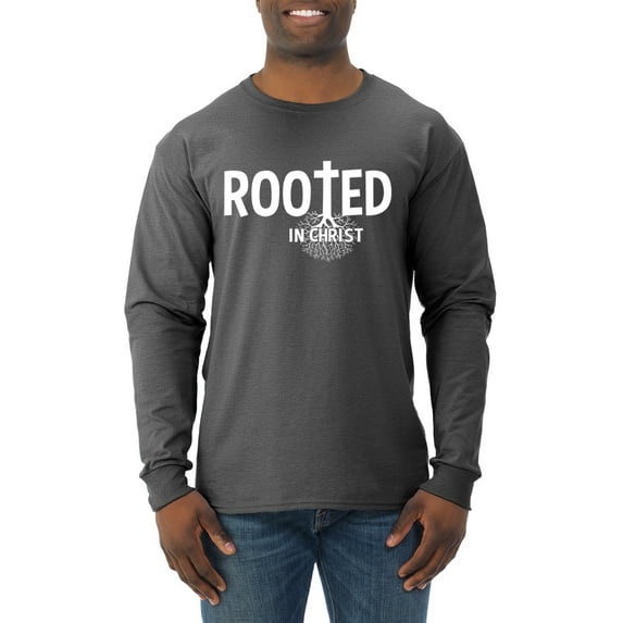 Wild Bobby Rooted in Christ Inspirational/Christian Men Long Sleeve Shirt, Heather Black, Large