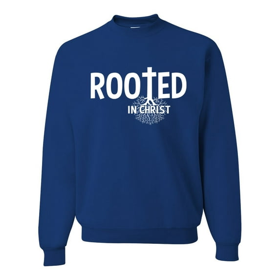 Wild Bobby Rooted in Christ Inspirational/Christian Unisex Crewneck Graphic Sweatshirt, Royal, X-Large