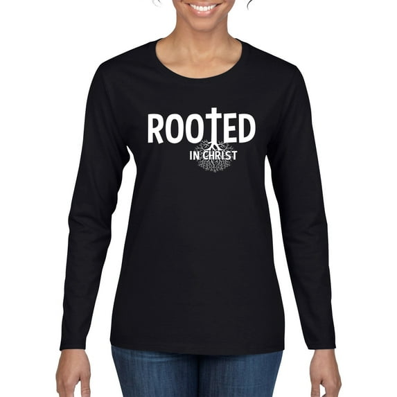 Wild Bobby Rooted in Christ Inspirational/Christian Women Graphic Long Sleeve Tee, Black, XX-Large