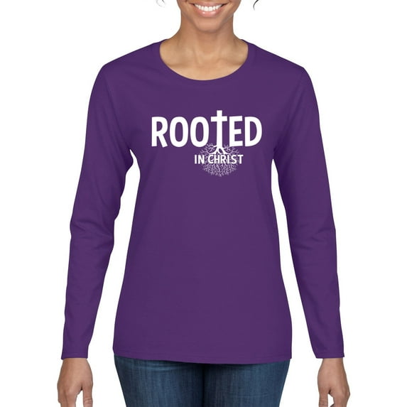 Wild Bobby Rooted in Christ Inspirational/Christian Women Graphic Long Sleeve Tee, Purple, Medium