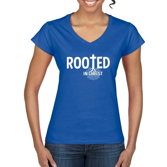 Wild Bobby Rooted in Christ Inspirational/Christian Women Standard V-Neck Tee, Royal, Large