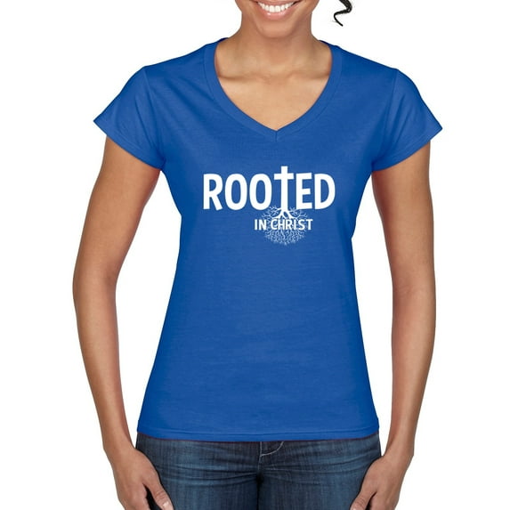 Wild Bobby Rooted in Christ Inspirational/Christian Women Standard V-Neck Tee, Royal, Medium