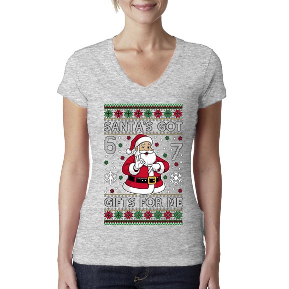 Wild Bobby Santa's Got 6 7 Gifts For Me Christmas Sweater | Funny Holiday Women Junior Fit V-Neck Tee