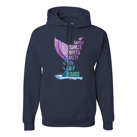 Wild Bobby, Sassy Since Birth Salty By Chance Mermaid Beach Ocean Vibe, Streetwear, Unisex Graphic Hoodie Sweatshirt, Navy, 3XL