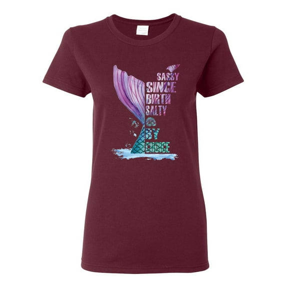 Wild Bobby, Sassy Since Birth Salty By Chance Mermaid Beach Ocean Vibe, Streetwear, Womens Graphic Tees, Maroon, 3XL