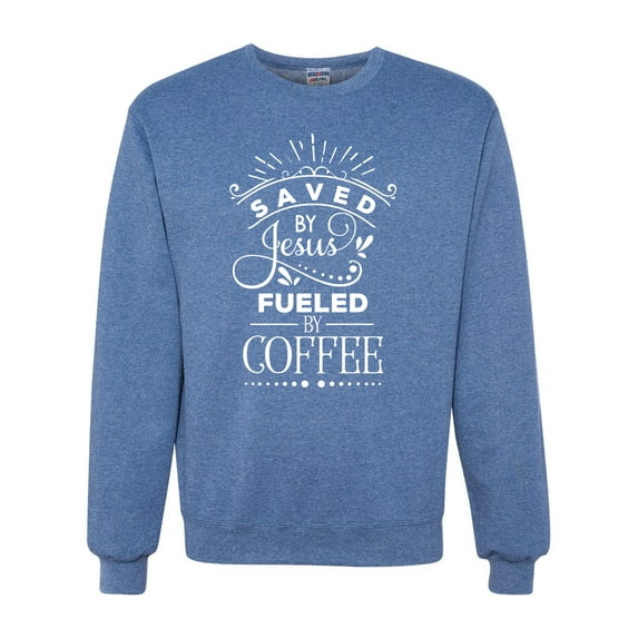 Wild Bobby Saved By Jesus Fueled By Coffee Inspirational/Christian Unisex Crewneck Graphic Sweatshirt, Vintage Heather Blue, Large