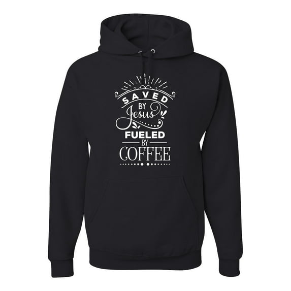 Wild Bobby Saved By Jesus Fueled By Coffee Inspirational/Christian Unisex Graphic Hoodie Sweatshirt, Black, XX-Large