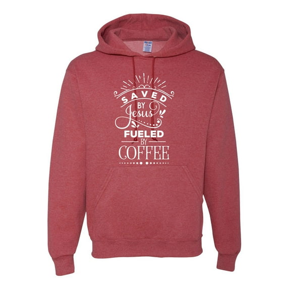 Wild Bobby Saved By Jesus Fueled By Coffee Inspirational/Christian Unisex Graphic Hoodie Sweatshirt, Vintage Heather Red, Large