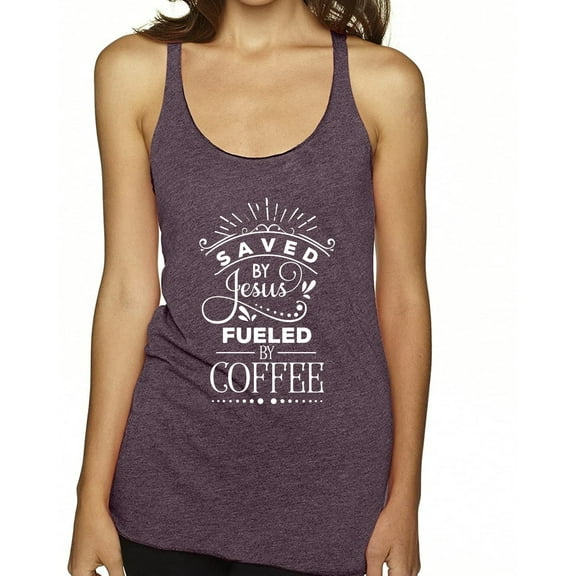 Wild Bobby Saved By Jesus Fueled By Coffee Inspirational/Christian Women Tri-Blend Racerback Tank Top, Vintage Purple, Medium