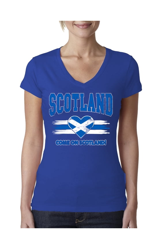 Scotland Flag Heart Come On Scotland Graphic | Women's Novelty T-Shirt | Soccer Football Fan Game Day Gift for Her Women Junior Fit V-Neck Tee