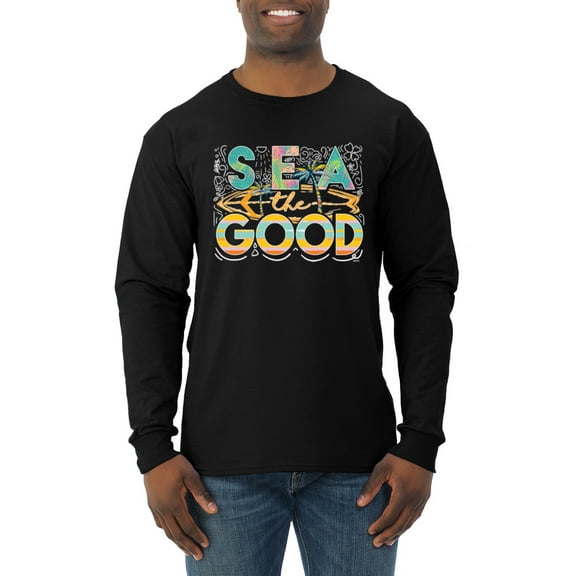 Wild Bobby Sea The Good Surfboard Sun Rise Good Vibes Nature Lover Men Long Sleeve Shirt, Black, 3X-Large