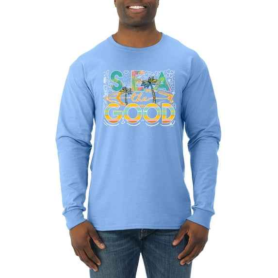 Wild Bobby Sea The Good Surfboard Sun Rise Good Vibes Nature Lover Men Long Sleeve Shirt, Light Blue, Large