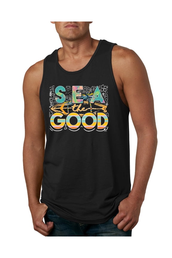 Sea The Good Surfboard Sun Rise Good Vibes Nature Lover Men Tank Top, Black, Large