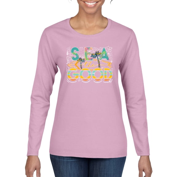 Wild Bobby Sea The Good Surfboard Sun Rise Good Vibes Nature Lover Women Graphic Long Sleeve Tee, Light Pink, Large