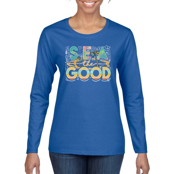 Wild Bobby Sea The Good Surfboard Sun Rise Good Vibes Nature Lover Women Graphic Long Sleeve Tee, Royal, Large