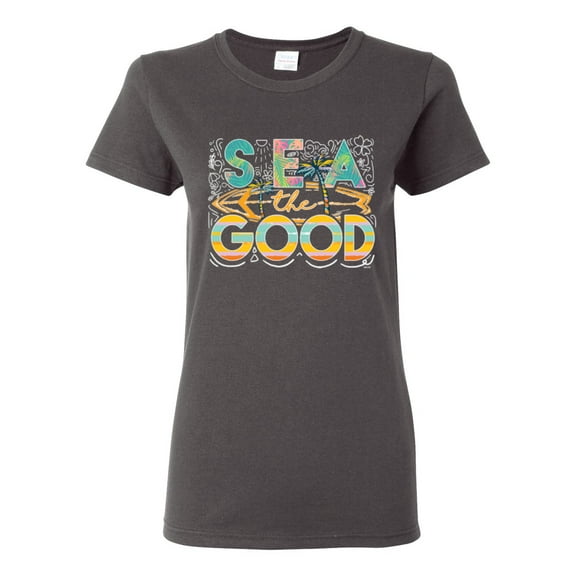 Wild Bobby Sea The Good Surfboard Sun Rise Good Vibes Nature Lover Women Graphic Tee, Charcoal, Small