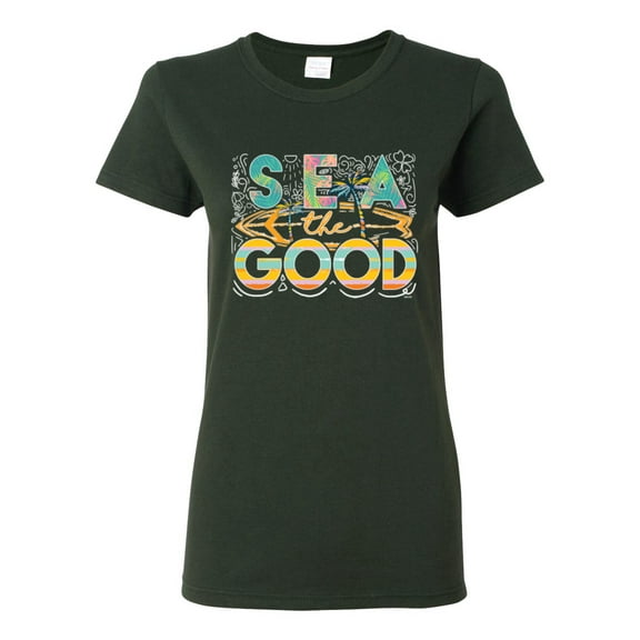 Wild Bobby Sea The Good Surfboard Sun Rise Good Vibes Nature Lover Women Graphic Tee, Forest Green, Medium