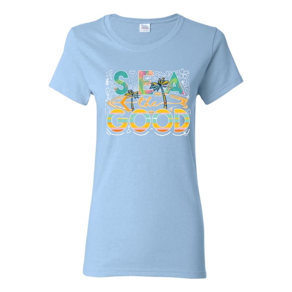 Wild Bobby Sea The Good Surfboard Sun Rise Good Vibes Nature Lover Women Graphic Tee, Light Blue, 3X-Large