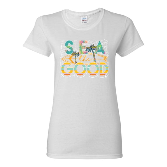 Wild Bobby Sea The Good Surfboard Sun Rise Good Vibes Nature Lover Women Graphic Tee, White, X-Large