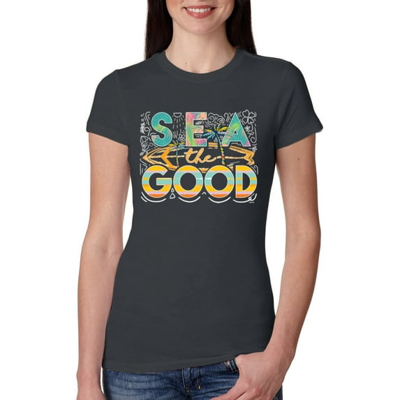 Wild Bobby Sea The Good Surfboard Sun Rise Good Vibes Nature Lover Women Slim Fit Junior Tee, Dark Grey, Small