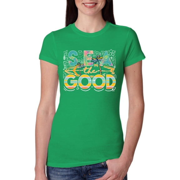 Wild Bobby Sea The Good Surfboard Sun Rise Good Vibes Nature Lover Women Slim Fit Junior Tee, Kelly, X-Large