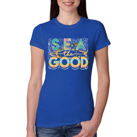 Wild Bobby Sea The Good Surfboard Sun Rise Good Vibes Nature Lover Women Slim Fit Junior Tee, Royal, XX-Large