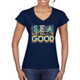 thumbnail image 1 of Wild Bobby Sea The Good Surfboard Sun Rise Good Vibes Nature Lover Women Standard V-Neck Tee, Navy, Small, 1 of 6