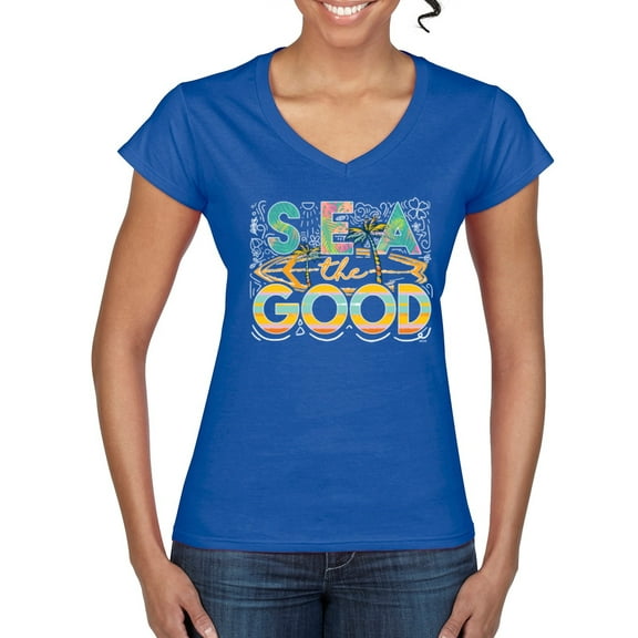 Wild Bobby Sea The Good Surfboard Sun Rise Good Vibes Nature Lover Women Standard V-Neck Tee, Royal, X-Large