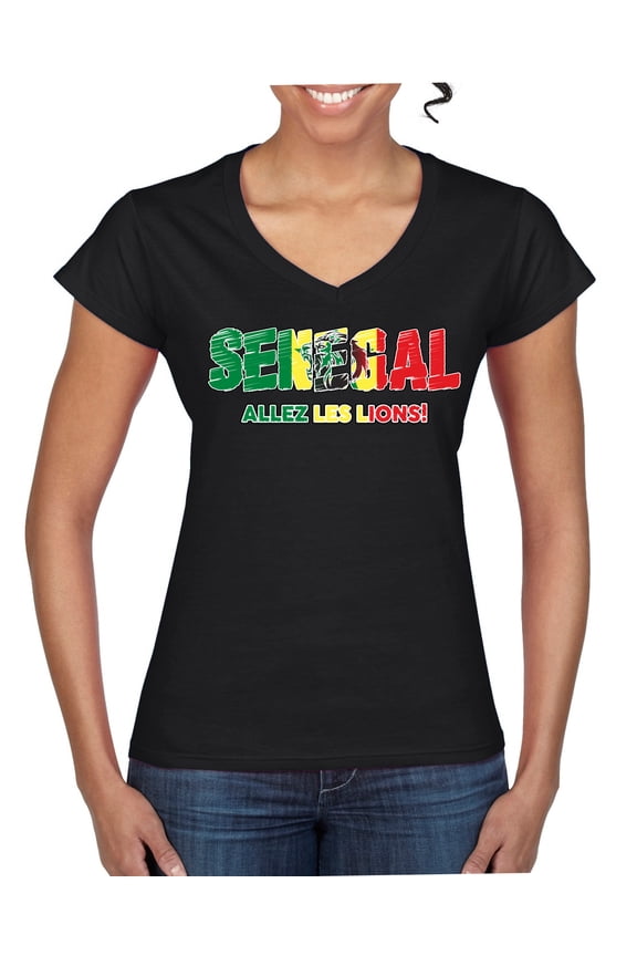 Senegal Flag Pride Graphic Allez Les Lions | Unisex Novelty T-Shirt | Soccer Football Fan Gift for Men Women Standard V-Neck Tee