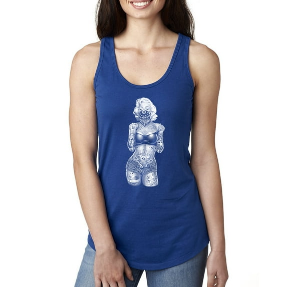 Sexy Tattooed Marilyn Monroe Pop Culture Ladies Racerback Tank Top, Royal, Large