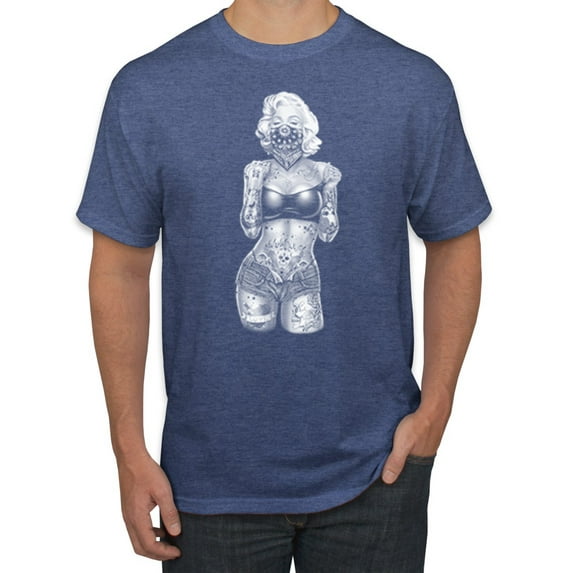 Sexy Tattooed Marilyn Monroe Pop Culture Men's Graphic T-Shirt, Vintage Heather Blue, Medium