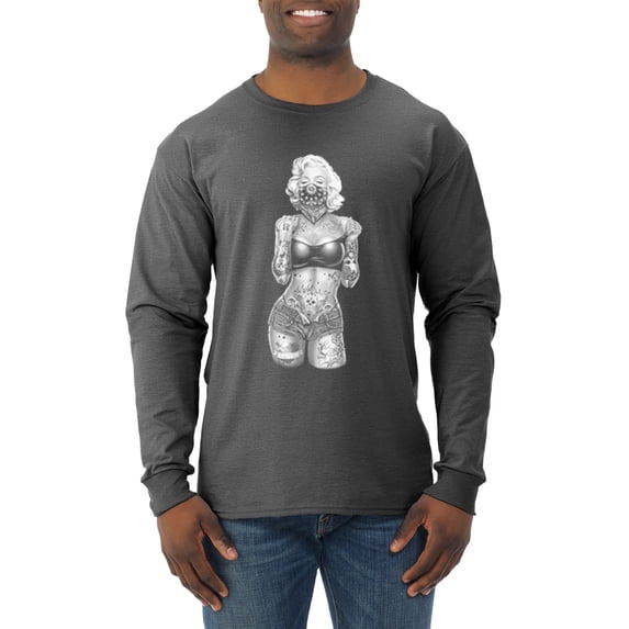 Sexy Tattooed Marilyn Monroe Pop Culture Mens Long Sleeve Shirt, Heather Black, 2XL