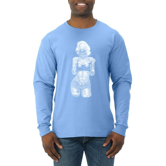 Sexy Tattooed Marilyn Monroe Pop Culture Mens Long Sleeve Shirt, Light Blue, 2XL