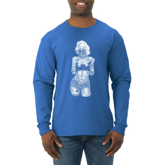 Wild Bobby, Sexy Tattooed Marilyn Monroe Pop Culture Mens Long Sleeve Shirt, Royal, 2XL