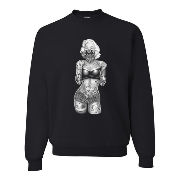 Wild Bobby, Sexy Tattooed Marilyn Monroe Pop Culture Unisex Crewneck Graphic Sweatshirt, Black, Small