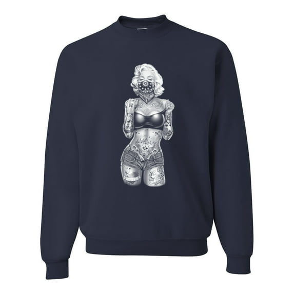 Sexy Tattooed Marilyn Monroe Pop Culture Unisex Crewneck Graphic Sweatshirt, Navy, Large