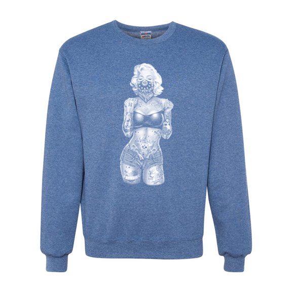 Sexy Tattooed Marilyn Monroe Pop Culture Unisex Crewneck Graphic Sweatshirt, Vintage Heather Blue, Large