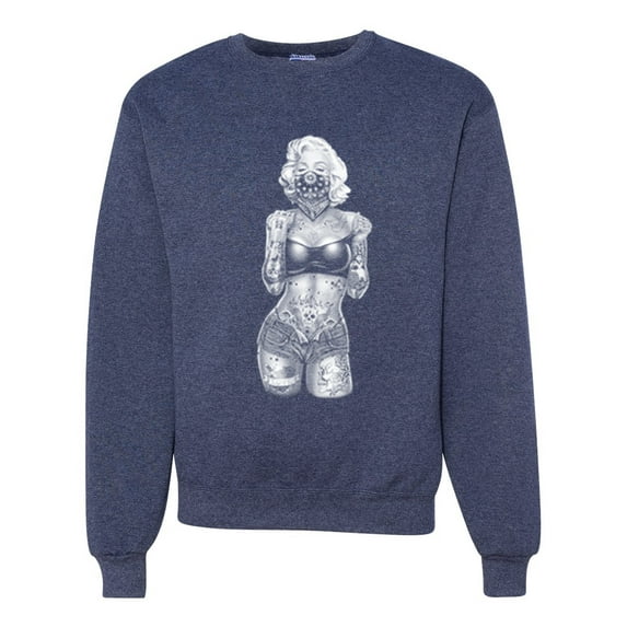 Sexy Tattooed Marilyn Monroe Pop Culture Unisex Crewneck Graphic Sweatshirt, Vintage Heather Navy, 3XL