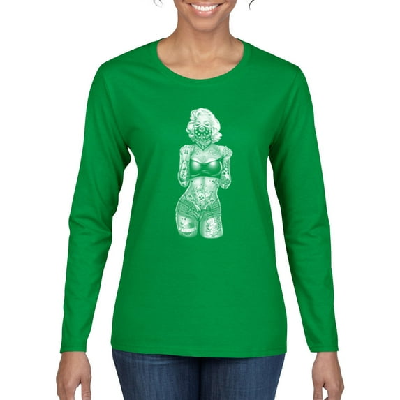 Sexy Tattooed Marilyn Monroe Pop Culture Womens Graphic Long Sleeve T-Shirt, Kelly, X-Large