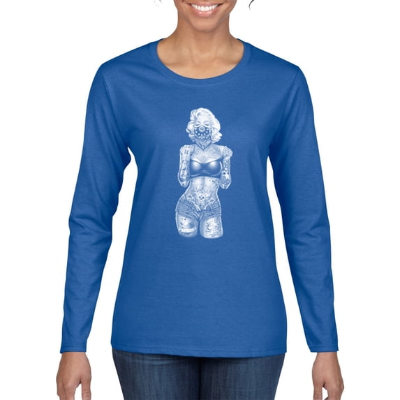 Wild Bobby, Sexy Tattooed Marilyn Monroe Pop Culture Womens Graphic Long Sleeve T-Shirt, Royal, 2XL