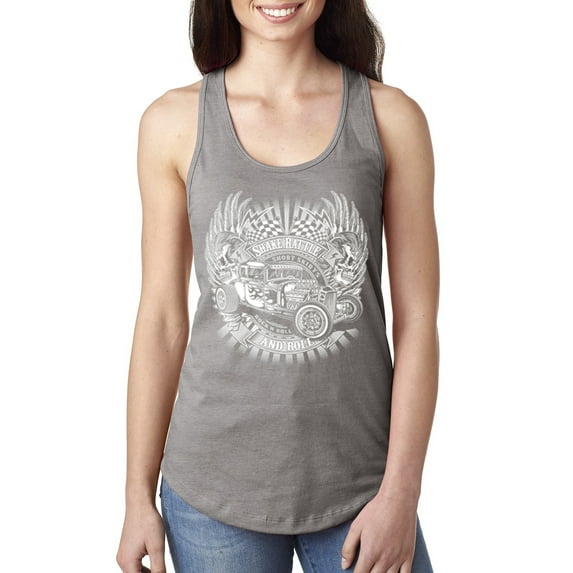 Wild Bobby, Shake Rattle And Roll Vintage Hot Rods Pop Culture Ladies Racerback Tank Top, Heather Grey, Medium