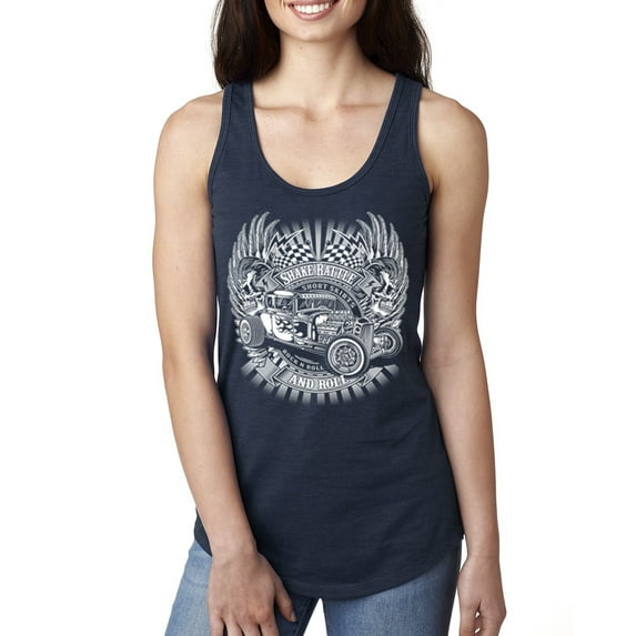 Wild Bobby, Shake Rattle And Roll Vintage Hot Rods Pop Culture Ladies Racerback Tank Top, Navy, X-Large