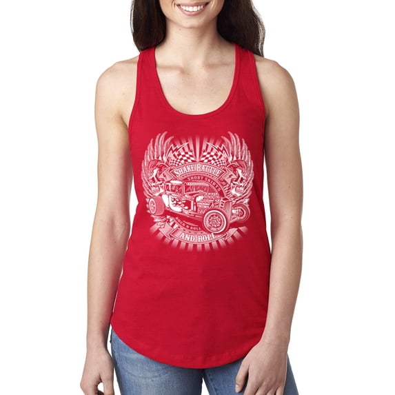 Wild Bobby, Shake Rattle And Roll Vintage Hot Rods Pop Culture Ladies Racerback Tank Top, Red, Large