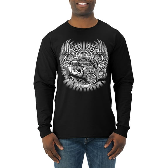 Wild Bobby, Shake Rattle And Roll Vintage Hot Rods Pop Culture Mens Long Sleeve Shirt, Black, Small