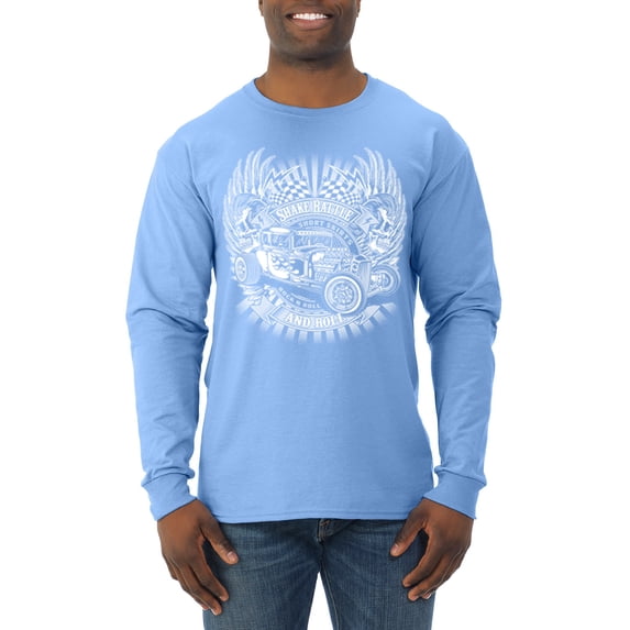 Wild Bobby, Shake Rattle And Roll Vintage Hot Rods Pop Culture Mens Long Sleeve Shirt, Light Blue, Medium