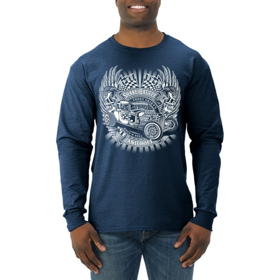 Wild Bobby, Shake Rattle And Roll Vintage Hot Rods Pop Culture Mens Long Sleeve Shirt, Vintage Heather Navy, X-Large