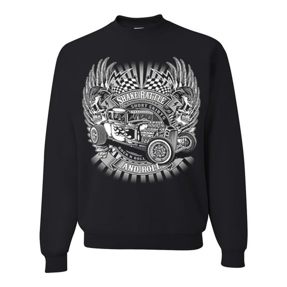 Wild Bobby, Shake Rattle And Roll Vintage Hot Rods Pop Culture Unisex Crewneck Graphic Sweatshirt, Black, 2XL