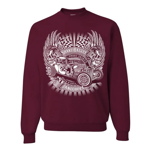 Wild Bobby, Shake Rattle And Roll Vintage Hot Rods Pop Culture Unisex Crewneck Graphic Sweatshirt, Maroon, X-Large